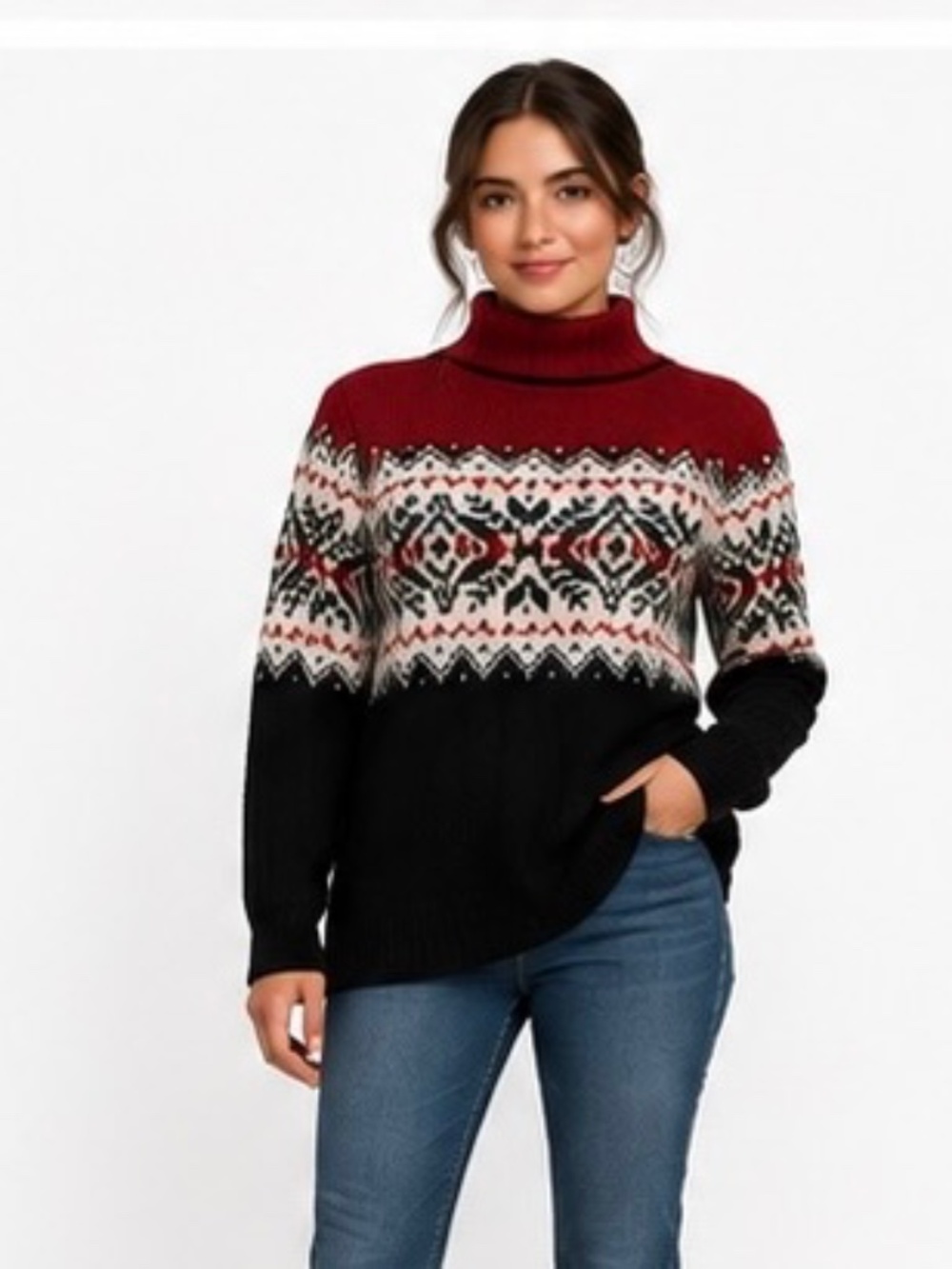 Kathy Ireland Fair Isle Sweater Medium Red Black Cream Nordic Turtleneck Winter